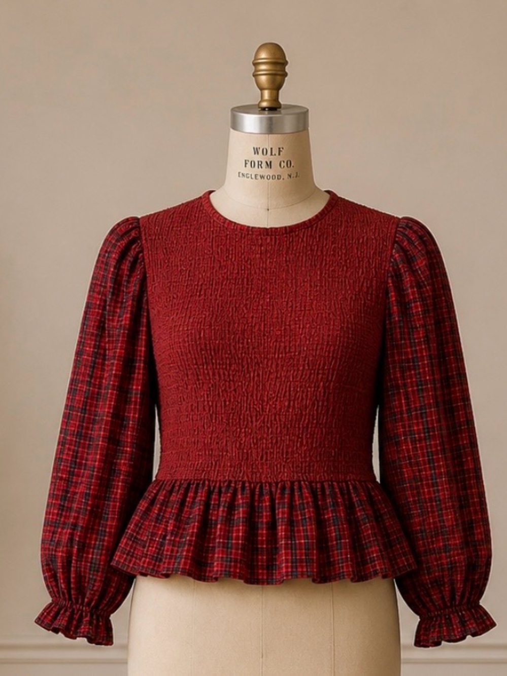 Old Navy Red Smocked Peplum Plaid Long-Sleeve Top